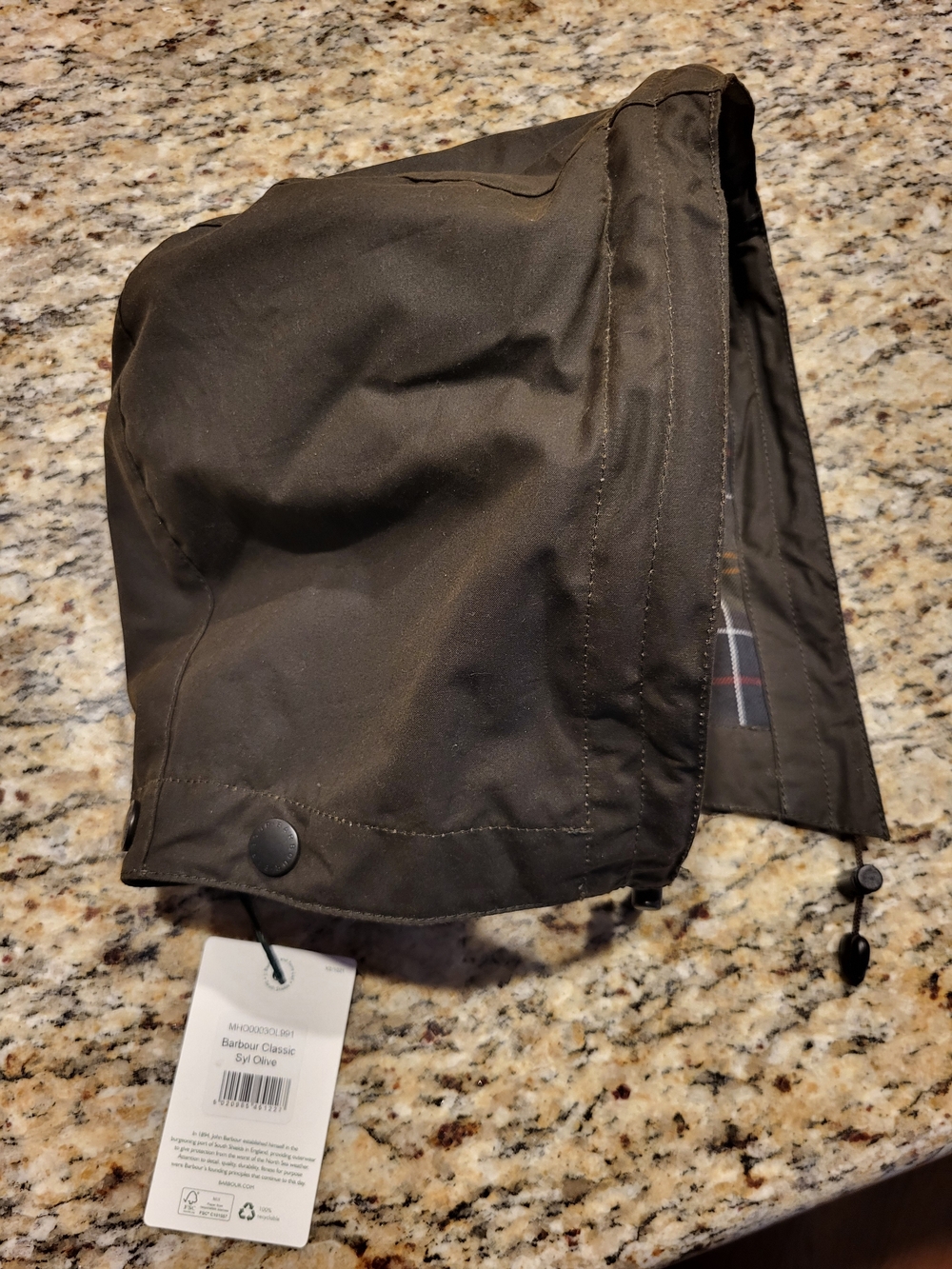 Barbour Olive Green Waxed Cotton Detachable Hood NWT